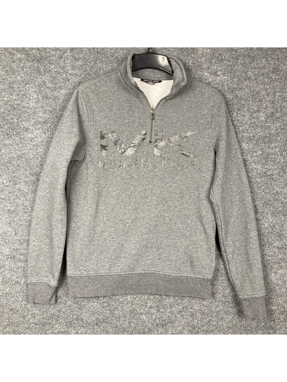 Michael Kors Mens Size Small Gray Logo Long Sleeve Collared 1/4 Zip Pullover